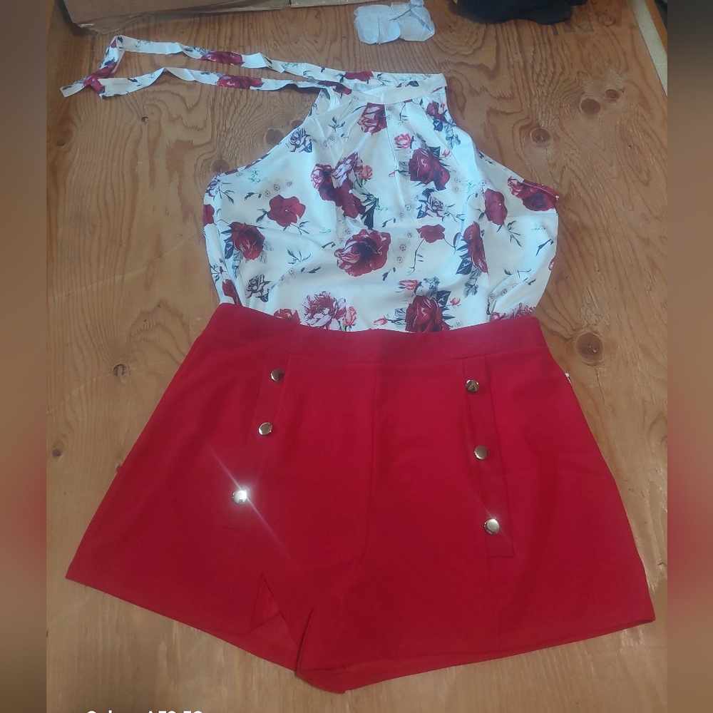 2 piece shorts and halter top summer outfit.